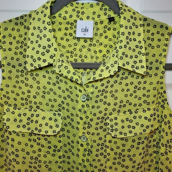 Cabi Viola Blouse #5348 Yellow Black Sheer Sleeveless Button Front Top Sz XSmall - Picture 2 of 8